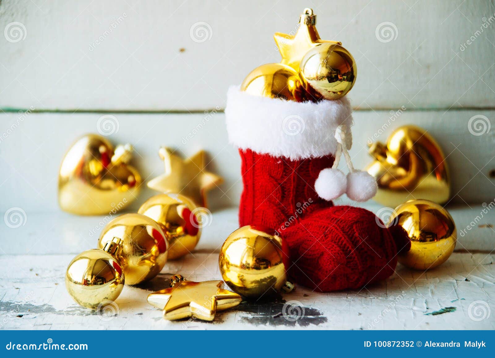 Christmas Decoration with Santa S Boot and Christmas Tree Balls Stock ...