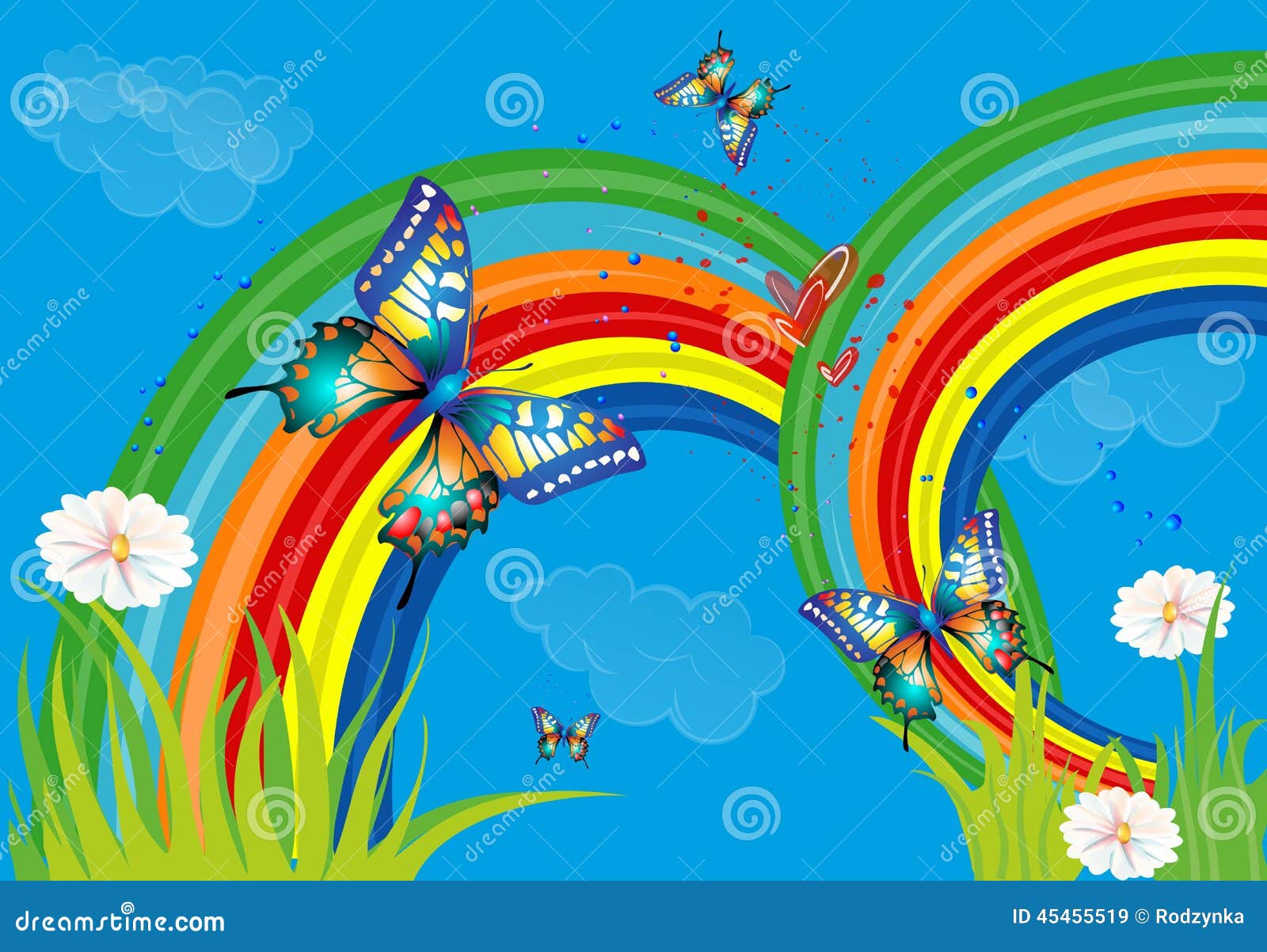 Background with Rainbow and Butterflies Stock Illustration