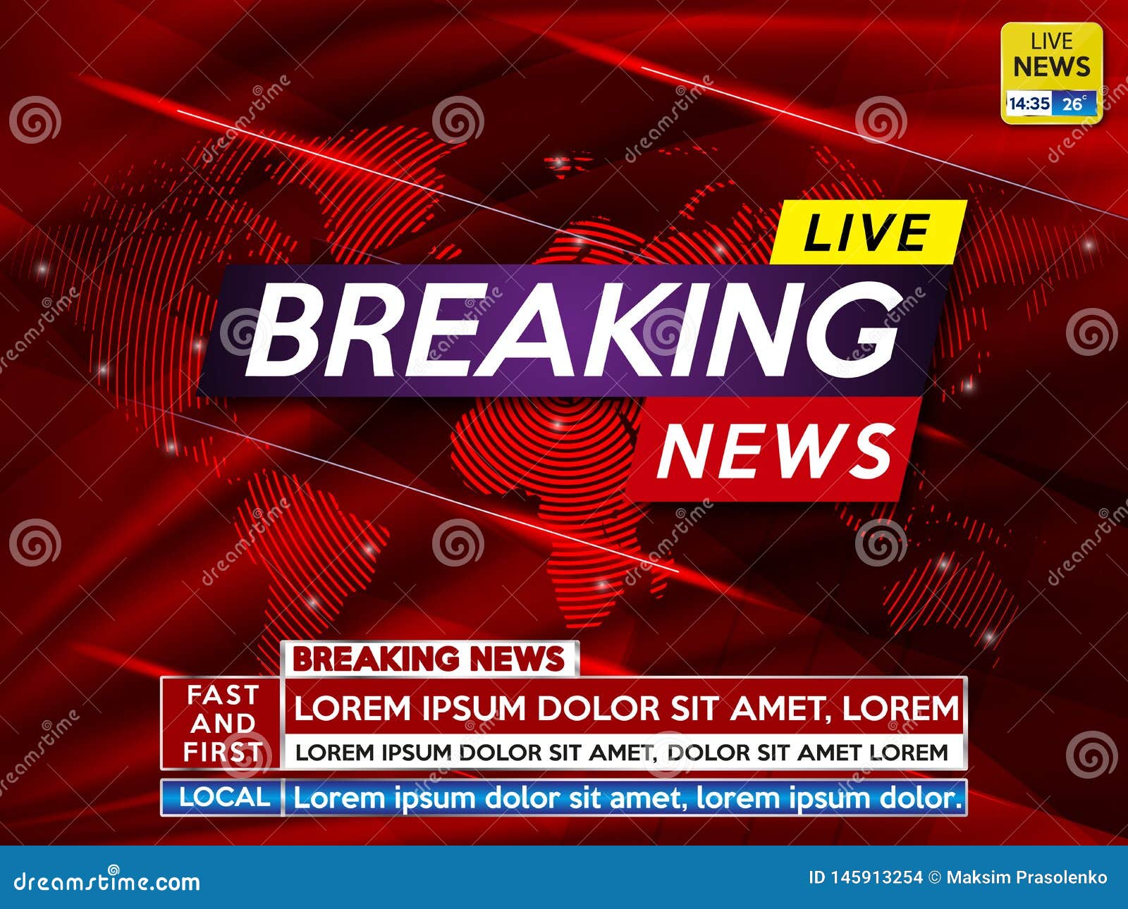 Screen saver on breaking news background. Urgent news release on  television. Breaking news live on world map background. Stock Vector