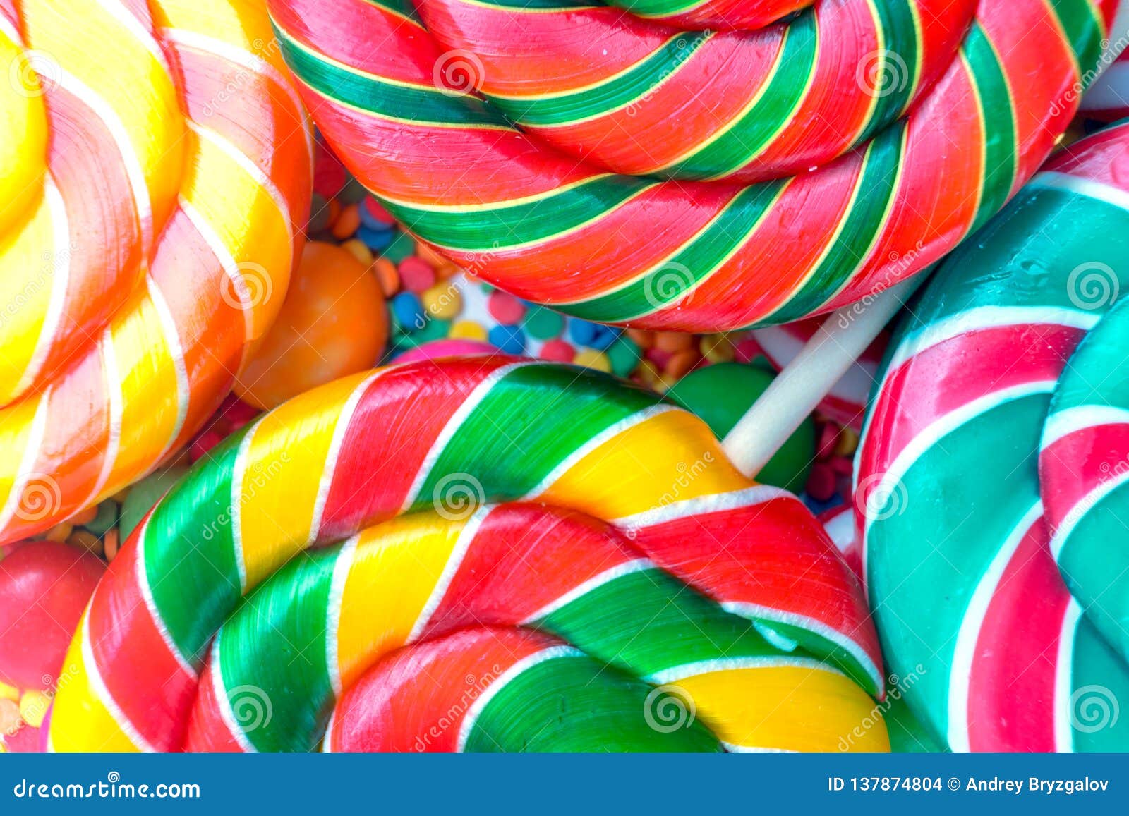 Background From Set Of Colorful Spiral Lollipops Closeup Stock Photo ...
