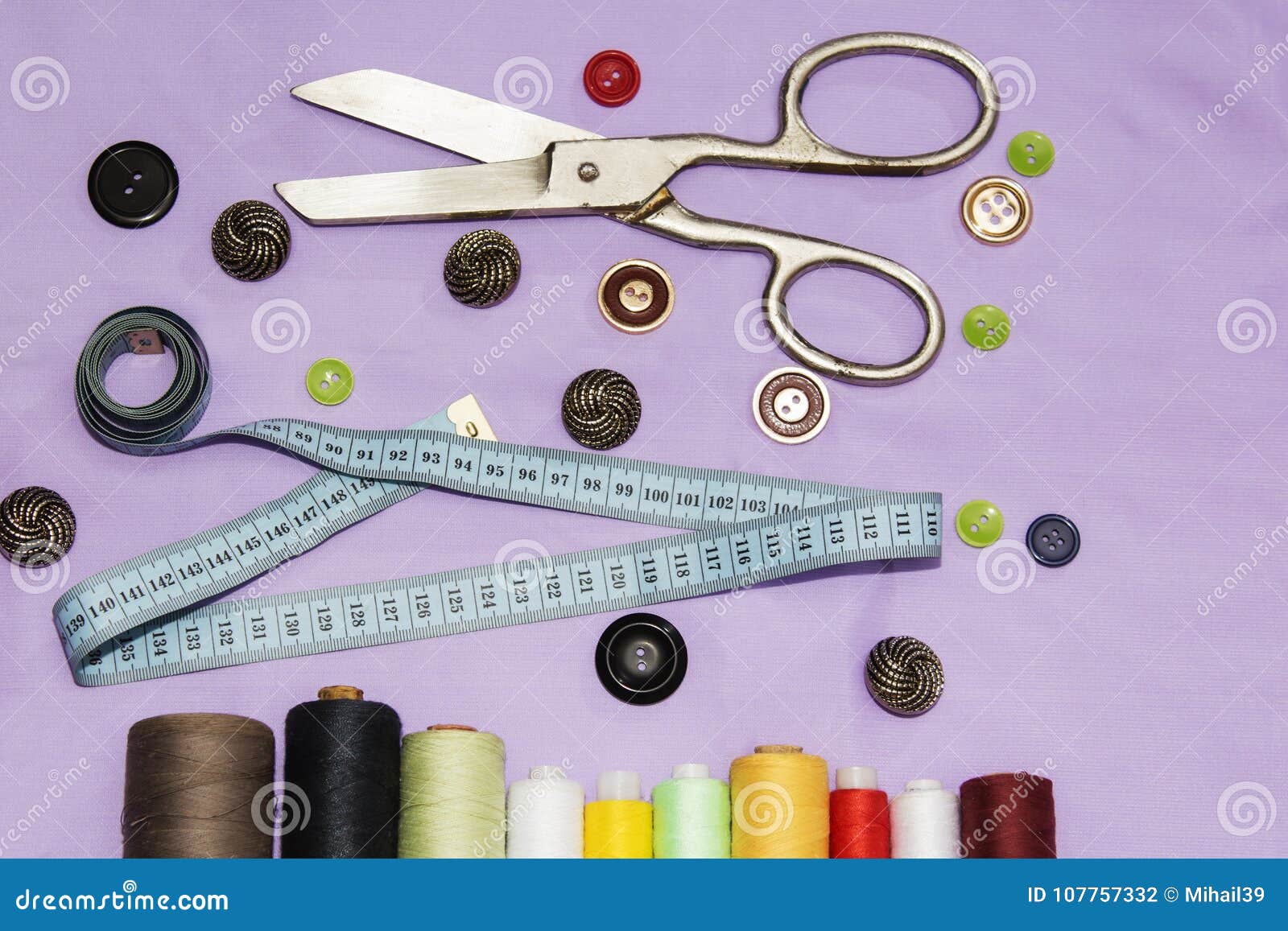 Background of Sewing: Scissors, Thread, Needles, Measuring Tape Close ...