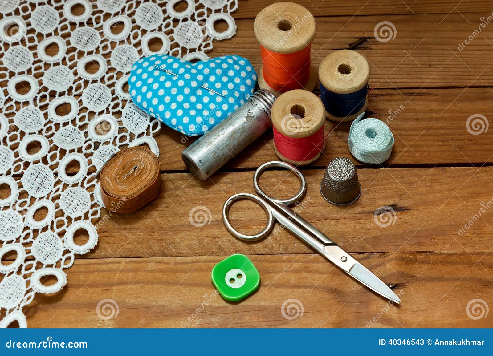 Background with Sewing Tools and Colored Thread Stock Image Image of