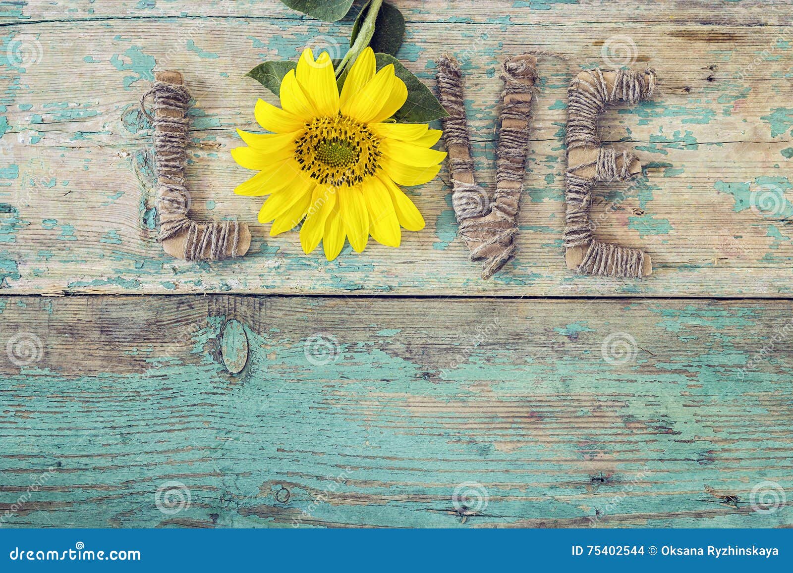Download Background With Sunflower And The Word Love On Old Wooden Boards Stock Photo Image Of Letter Copy 75402544