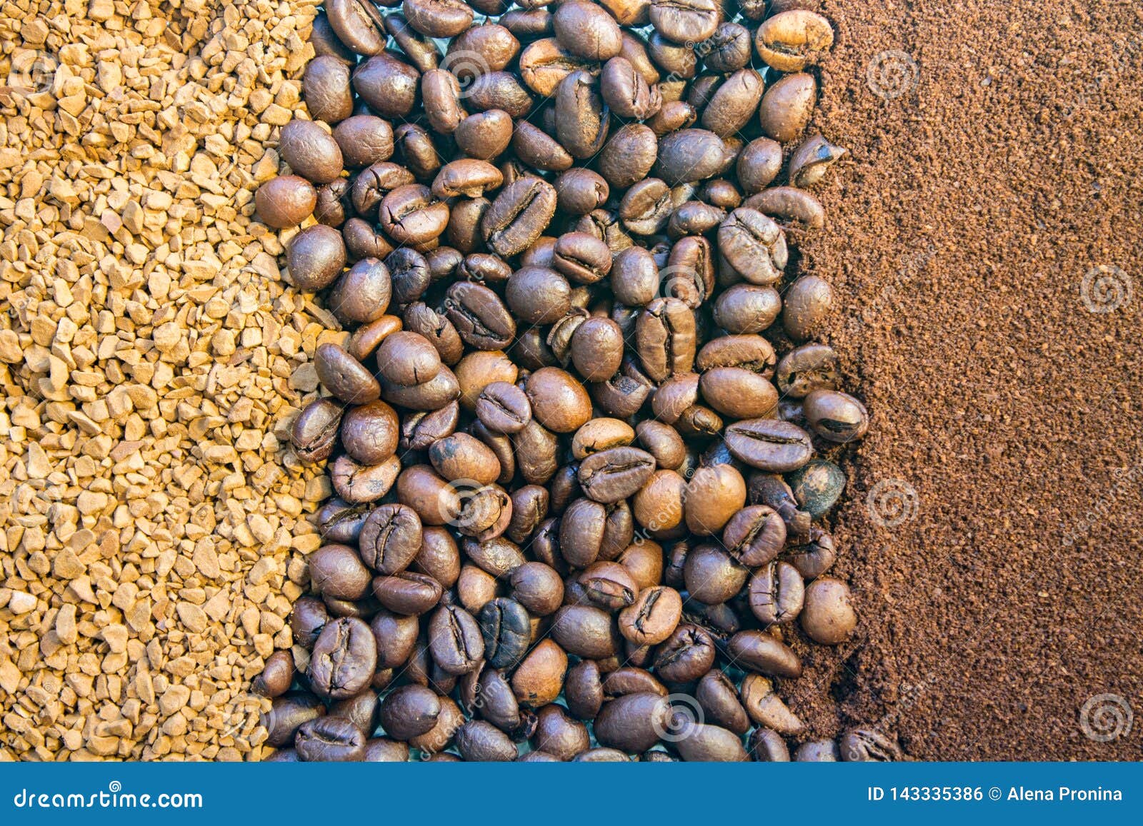 Background of Three Kinds of Coffee, Ground, Beans and Instant Stock