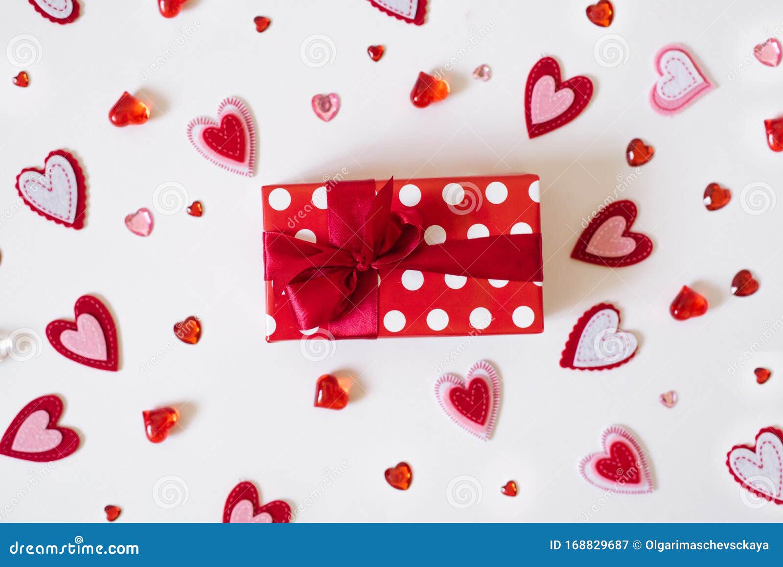 The Background Of Valentine`s Day. Red Gift Box With Red Satin Ribbon ...