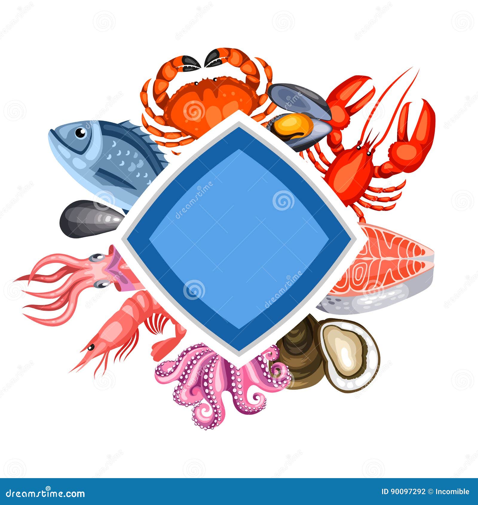 Background with Various Seafood. Illustration of Fish, Shellfish and