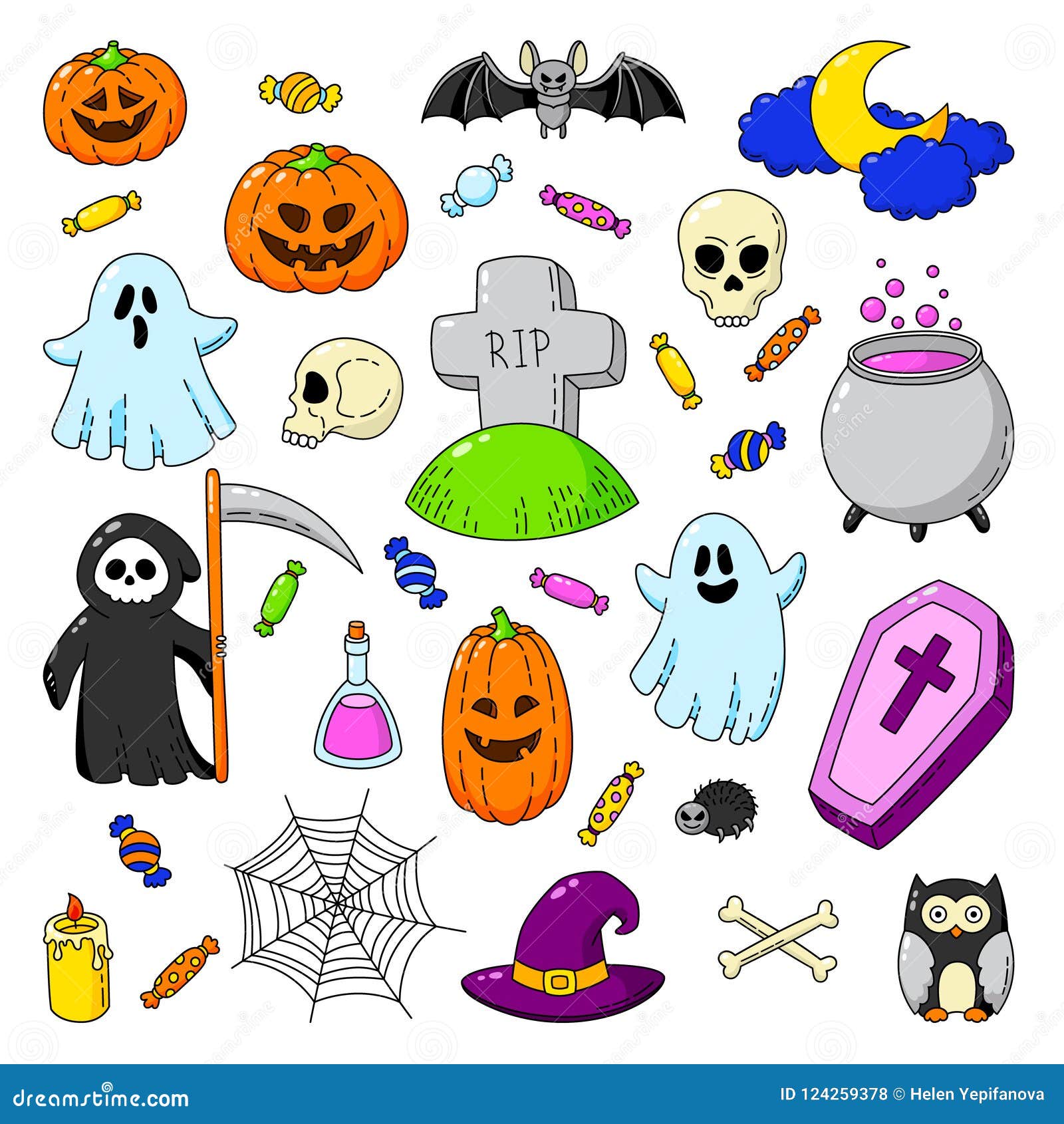 Happy Halloween. Background, Wallpaper, Template. Vector Cartoon Doodle  Icons Set Stock Vector - Illustration of death, orange: 124259378