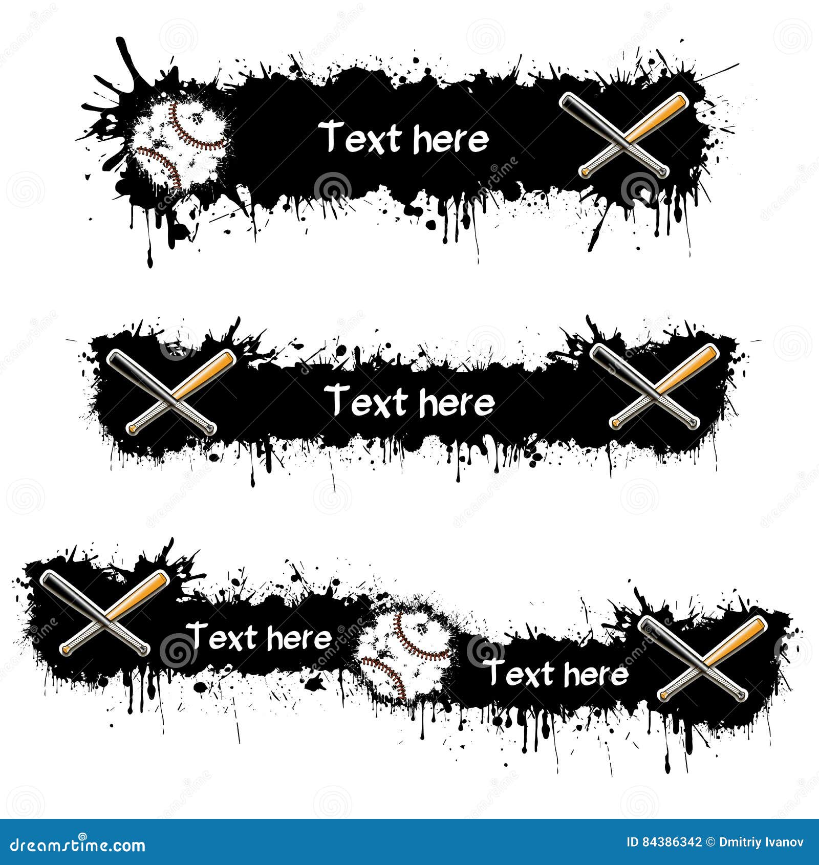 Backgrounds Baseball Balls and Bat with Ink Blots Stock Vector Illustration of drawing, dirty