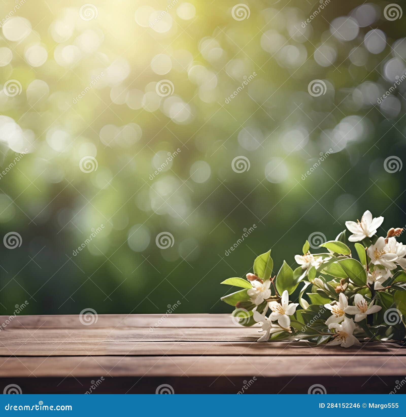 Backgrounds with Empty Wooden Table. Jasmine Flowers Stock Illustration