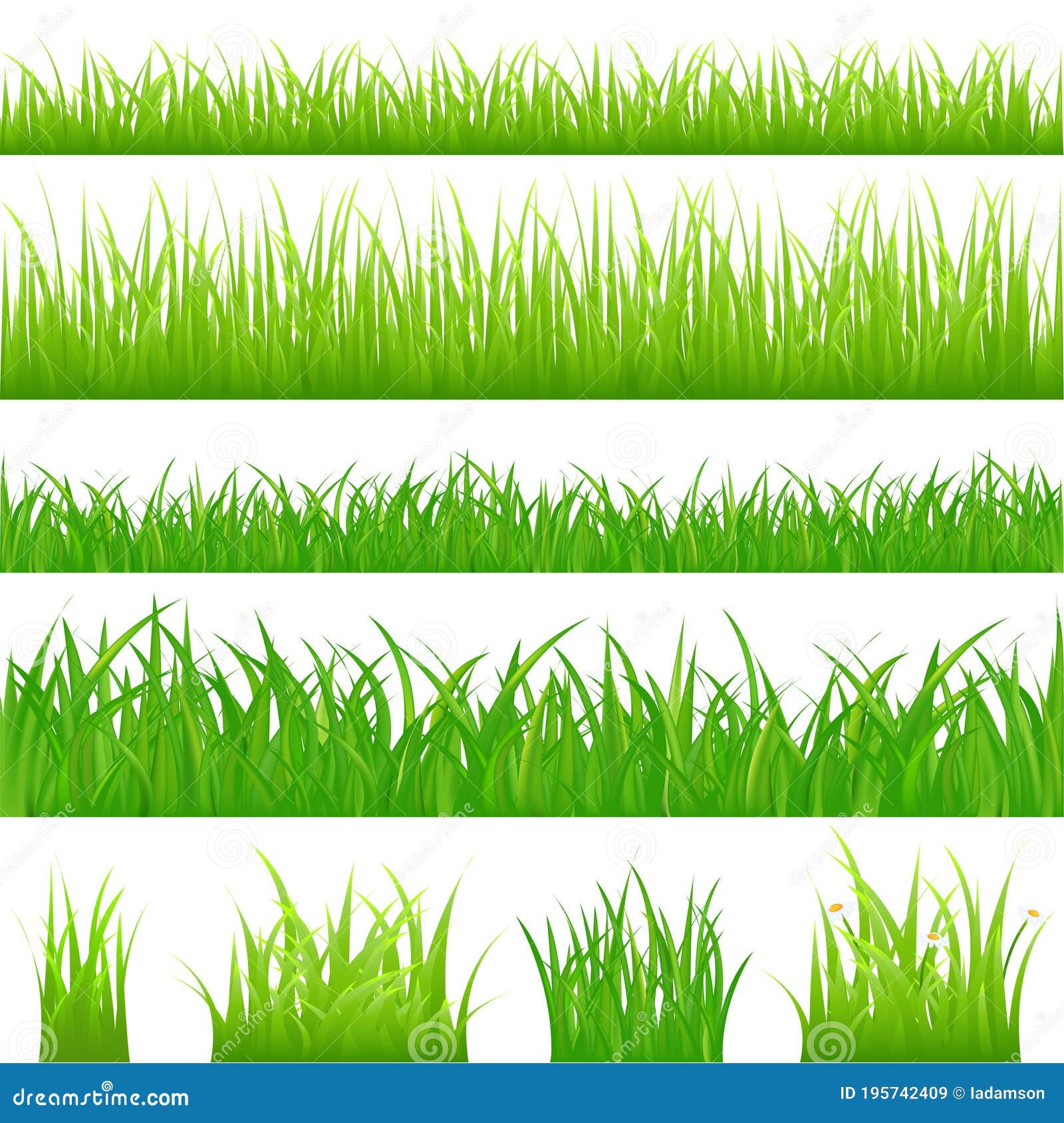 4 Backgrounds of Green Grass and 4 Tufts of Grass Stock Vector