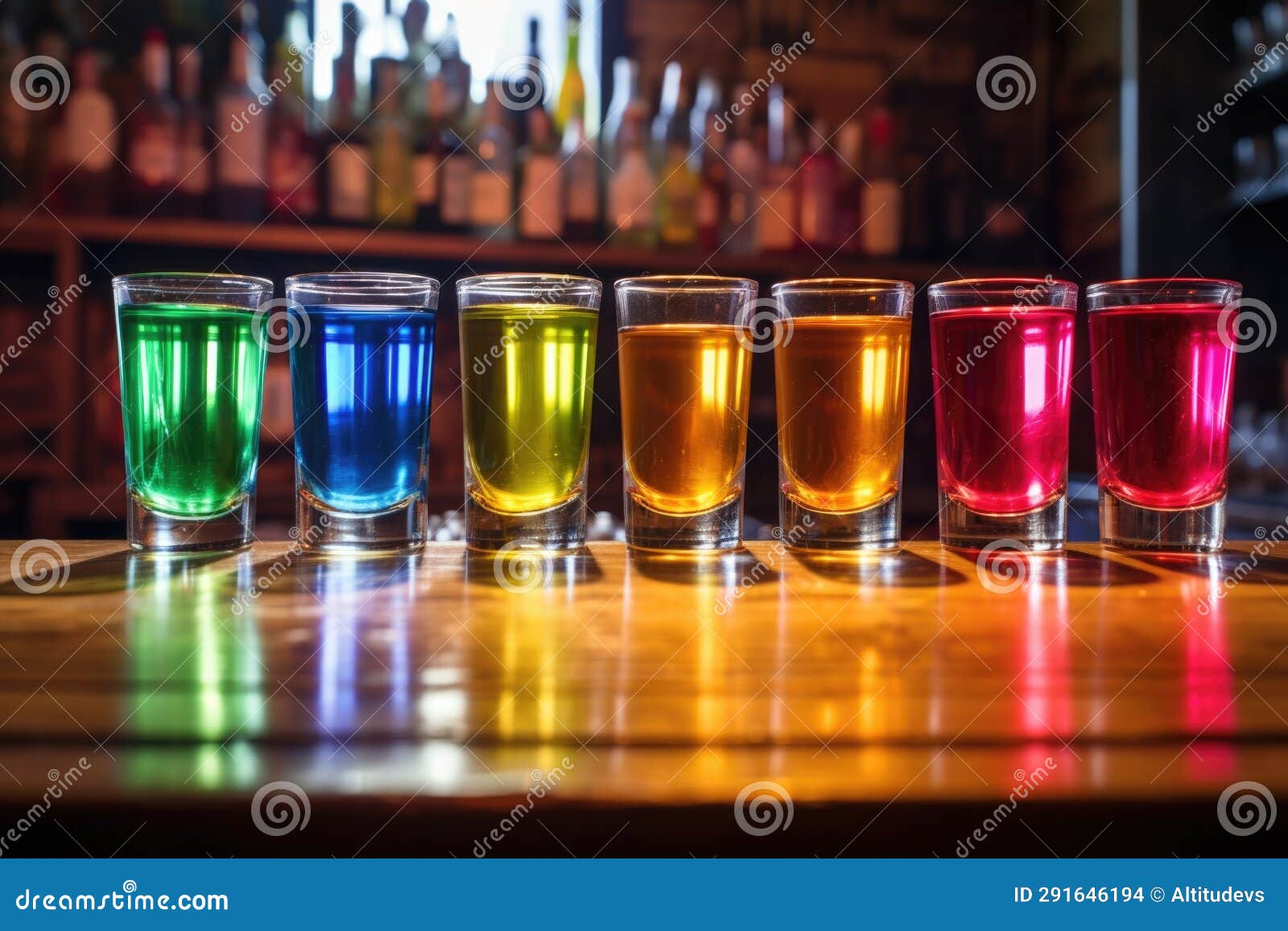 Backlit Colorful Shots Lined Up on a Bar Counter Stock Photo Image of