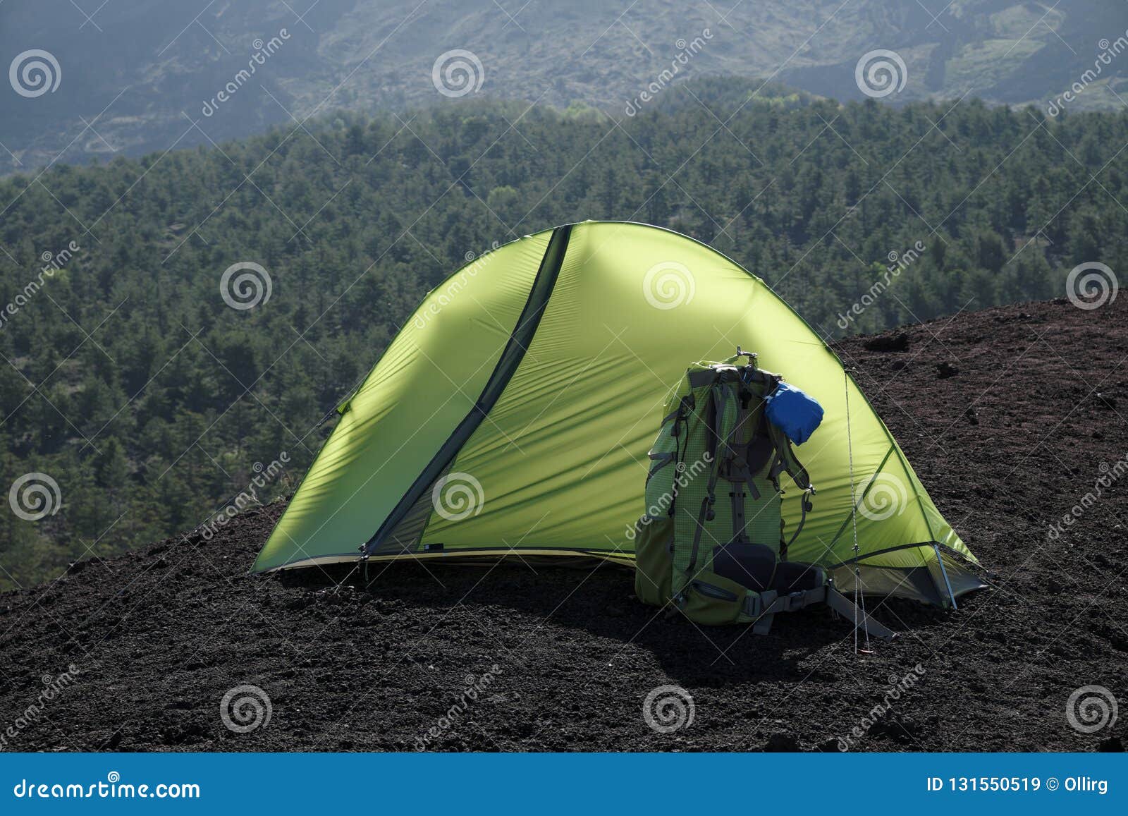 Backlit Green Tent and Backpack in Etna Park Stock Image Image of light, backlight 131550519