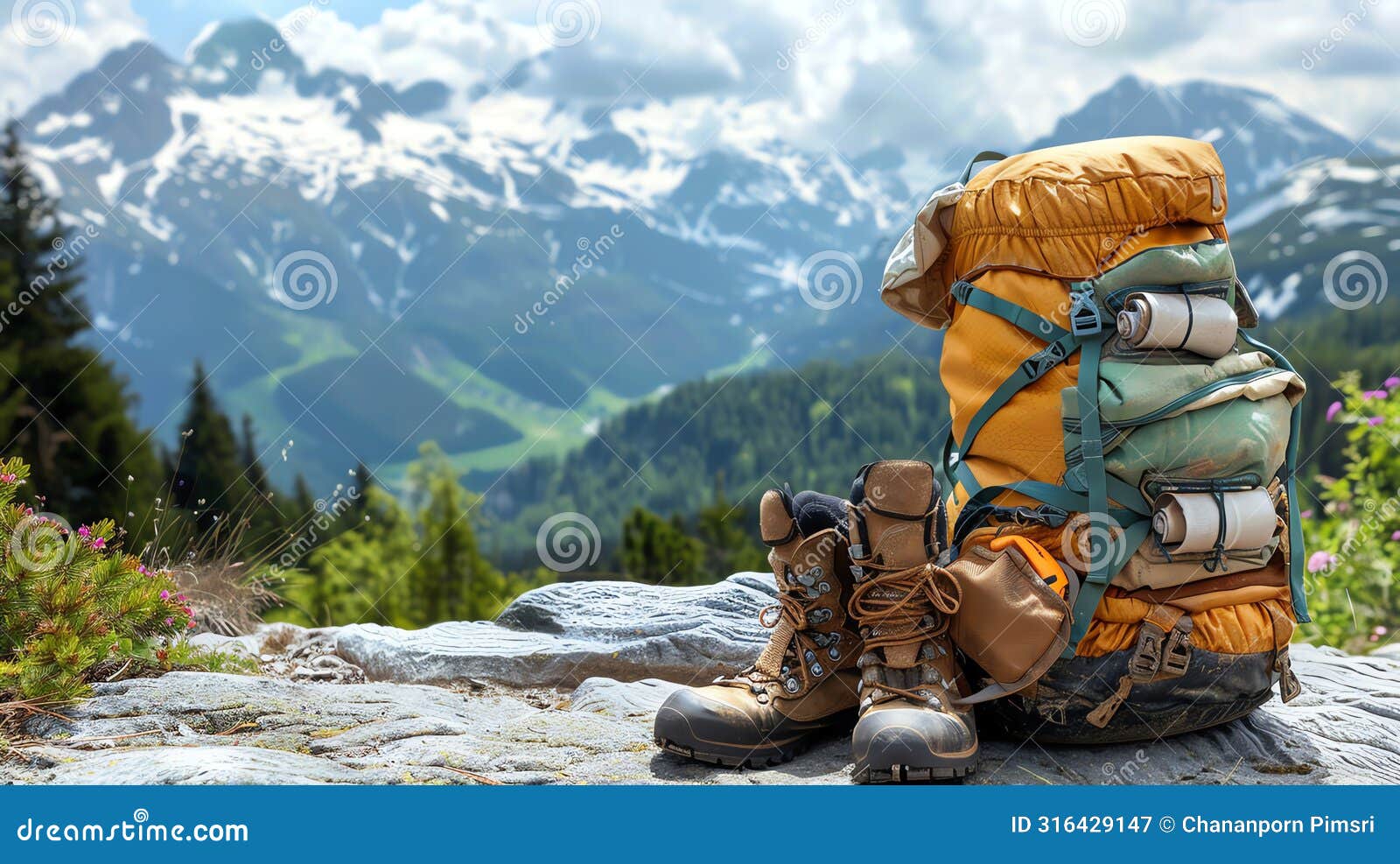 the backpack and boots of a hiker rest on a rocky outcropping overlooking a majestic mountain landscape