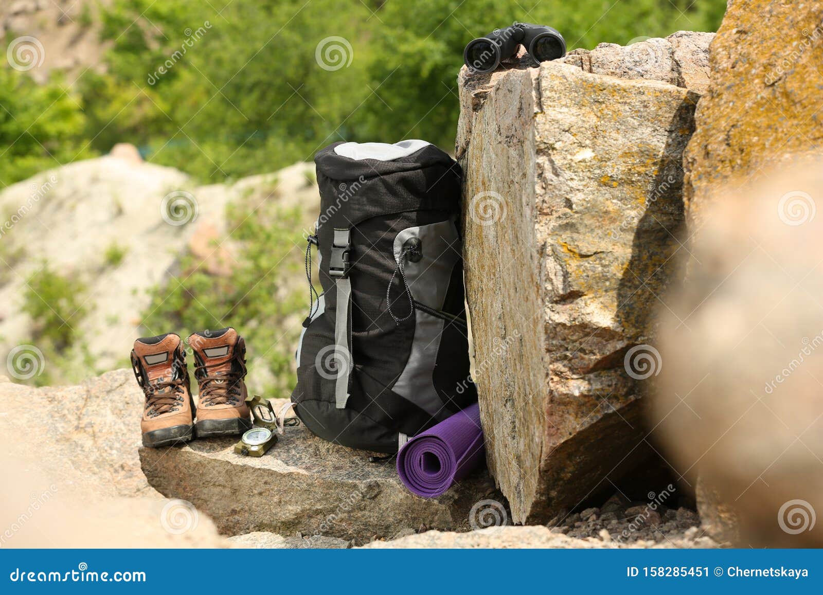 Backpack and Camping Equipment on Rocks Stock Image Image of