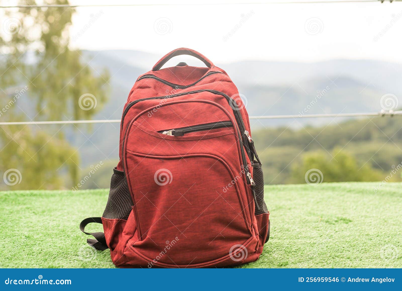 Backpack and Desk of Free Space for Your Decoration. Summer Trip. Stock