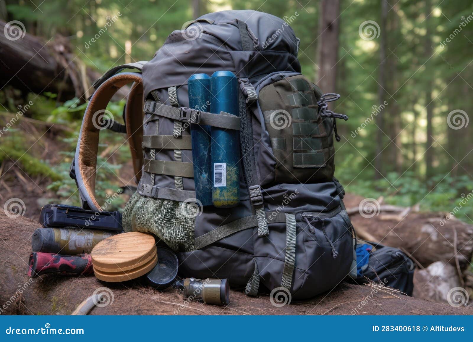 Backpack with Essential Gear for a Day Hike Stock Illustration