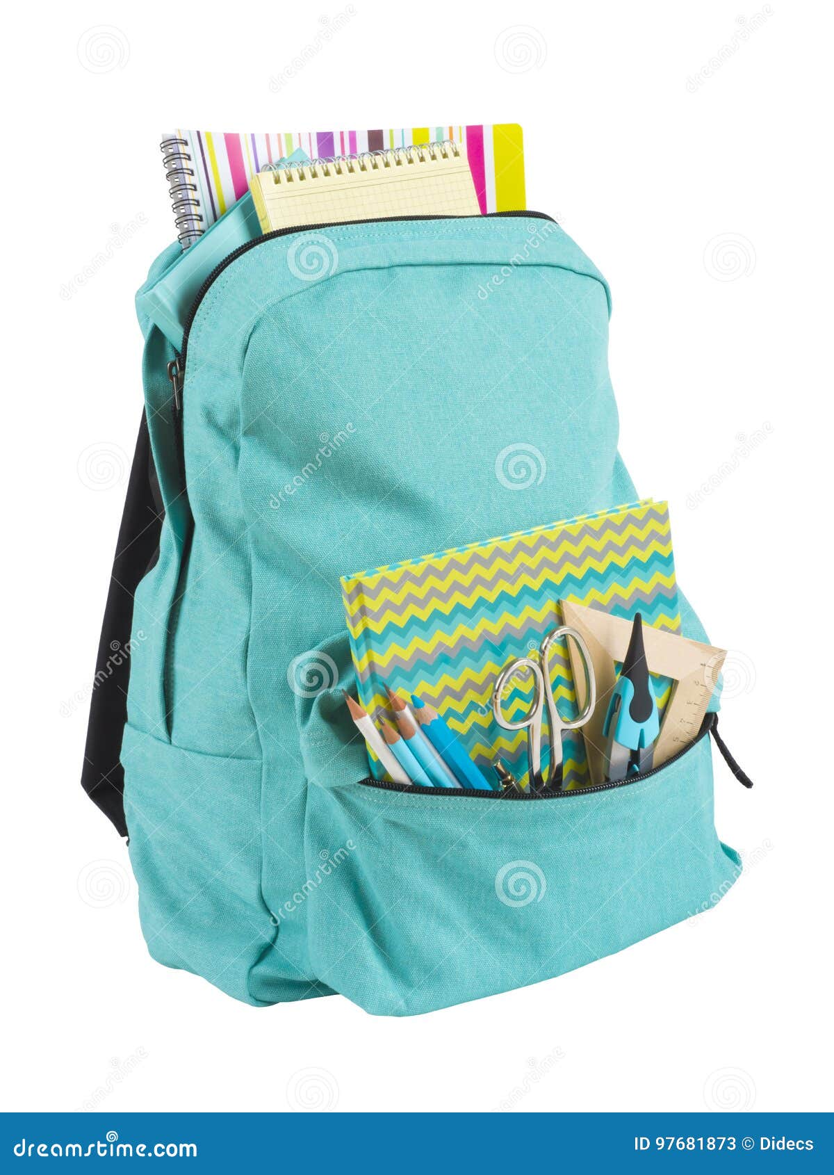Backpack Full Of School Supplies Isolated On White Background Stock