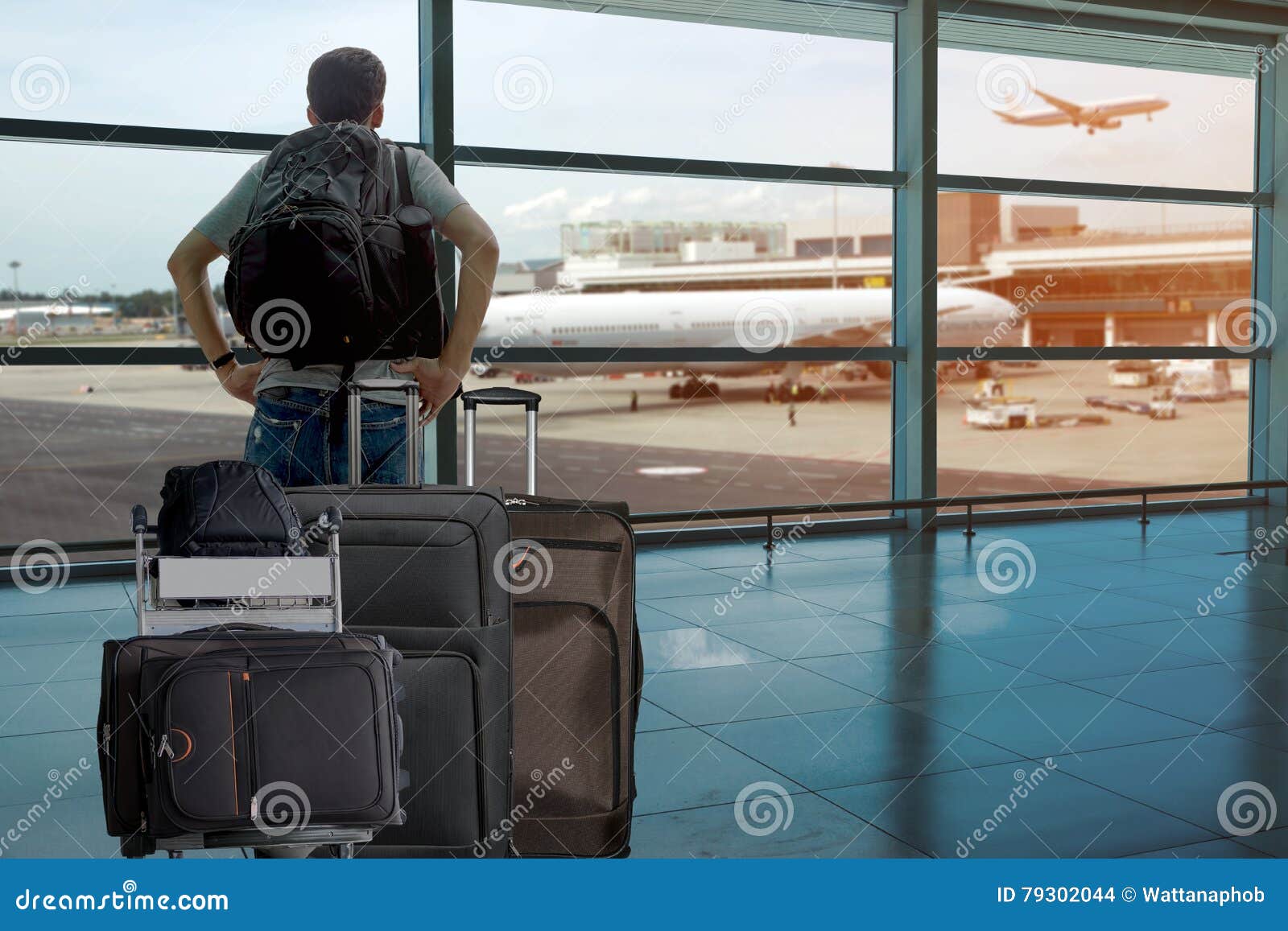 Backpack Passenger in the Airport Terminal. Stock Photo Image of