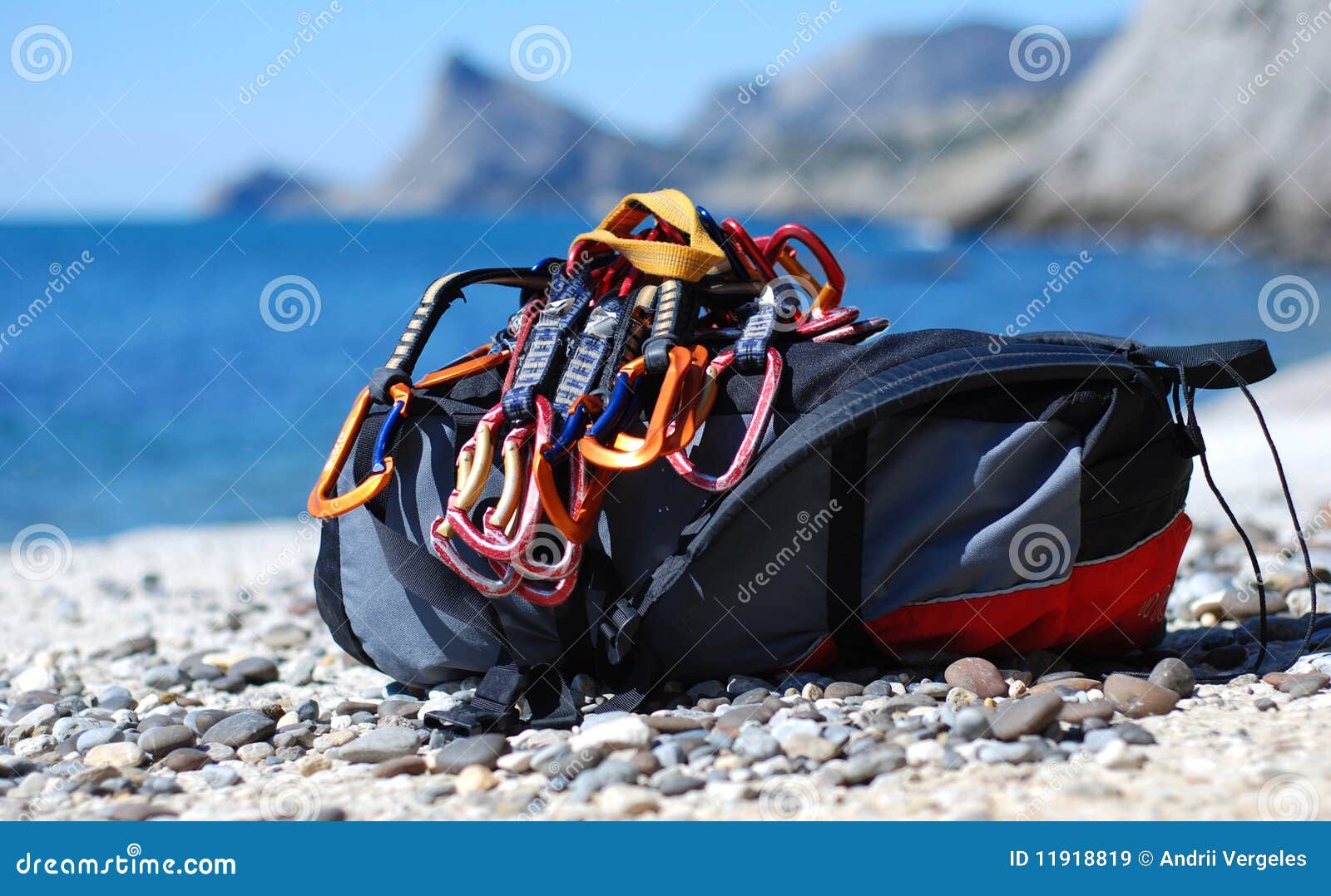 Backpack with quickdraws stock image. Image of hook, outfit 11918819