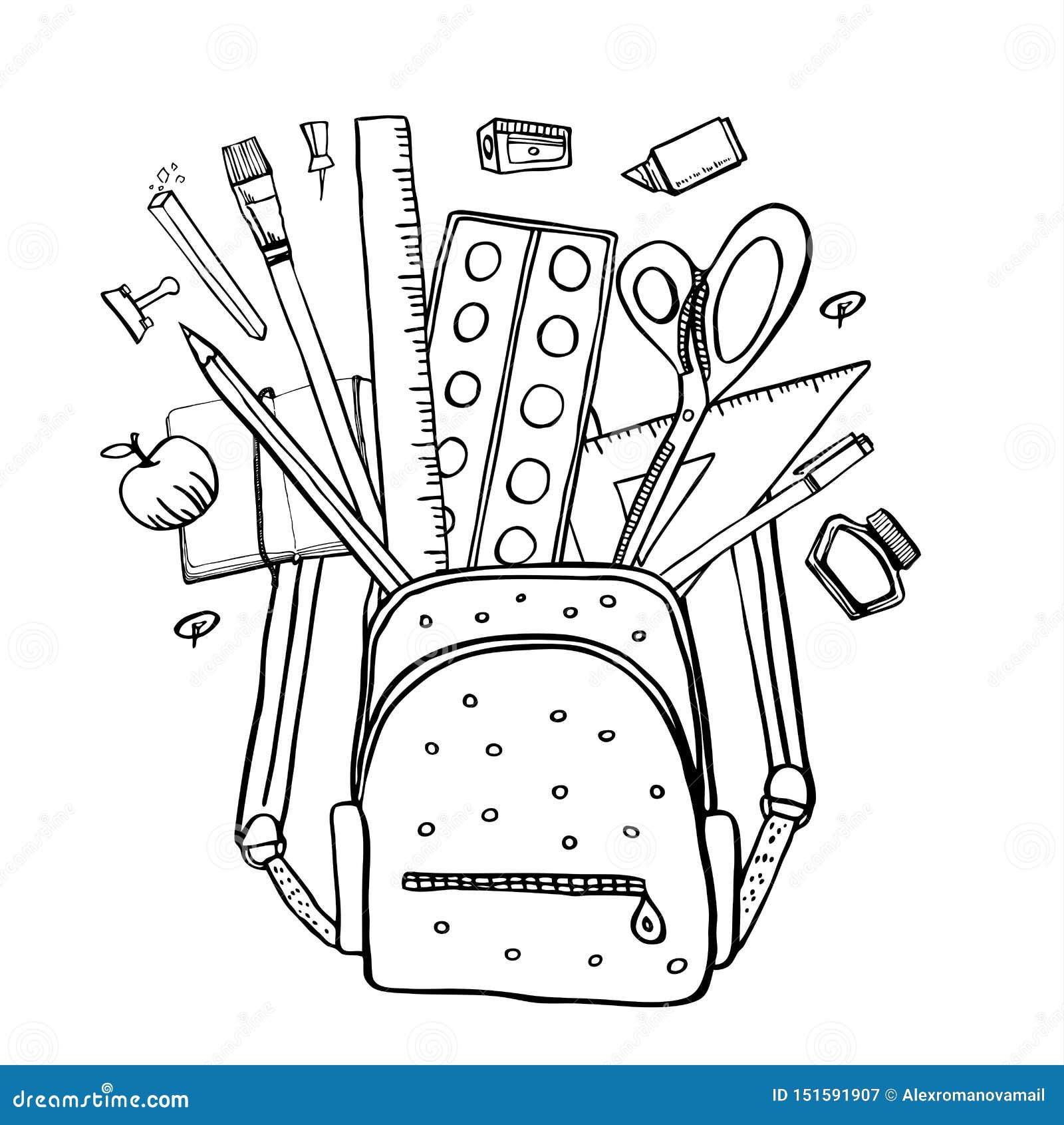 Backpack with School Stationery Inside. Hand Drawn Outline Doodle