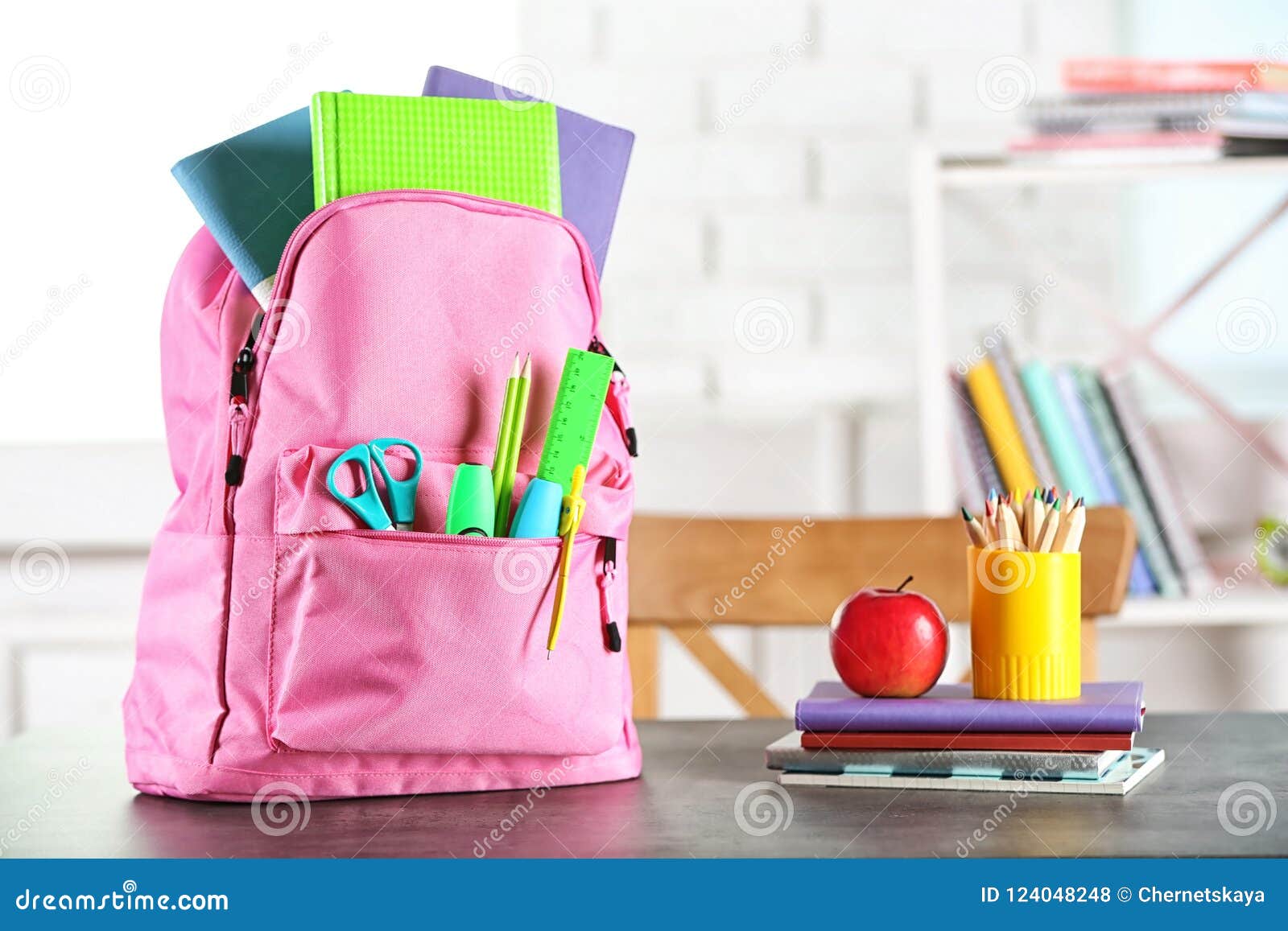 Backpack with School Stationery on Table Stock Photo Image of back, luggage 124048248