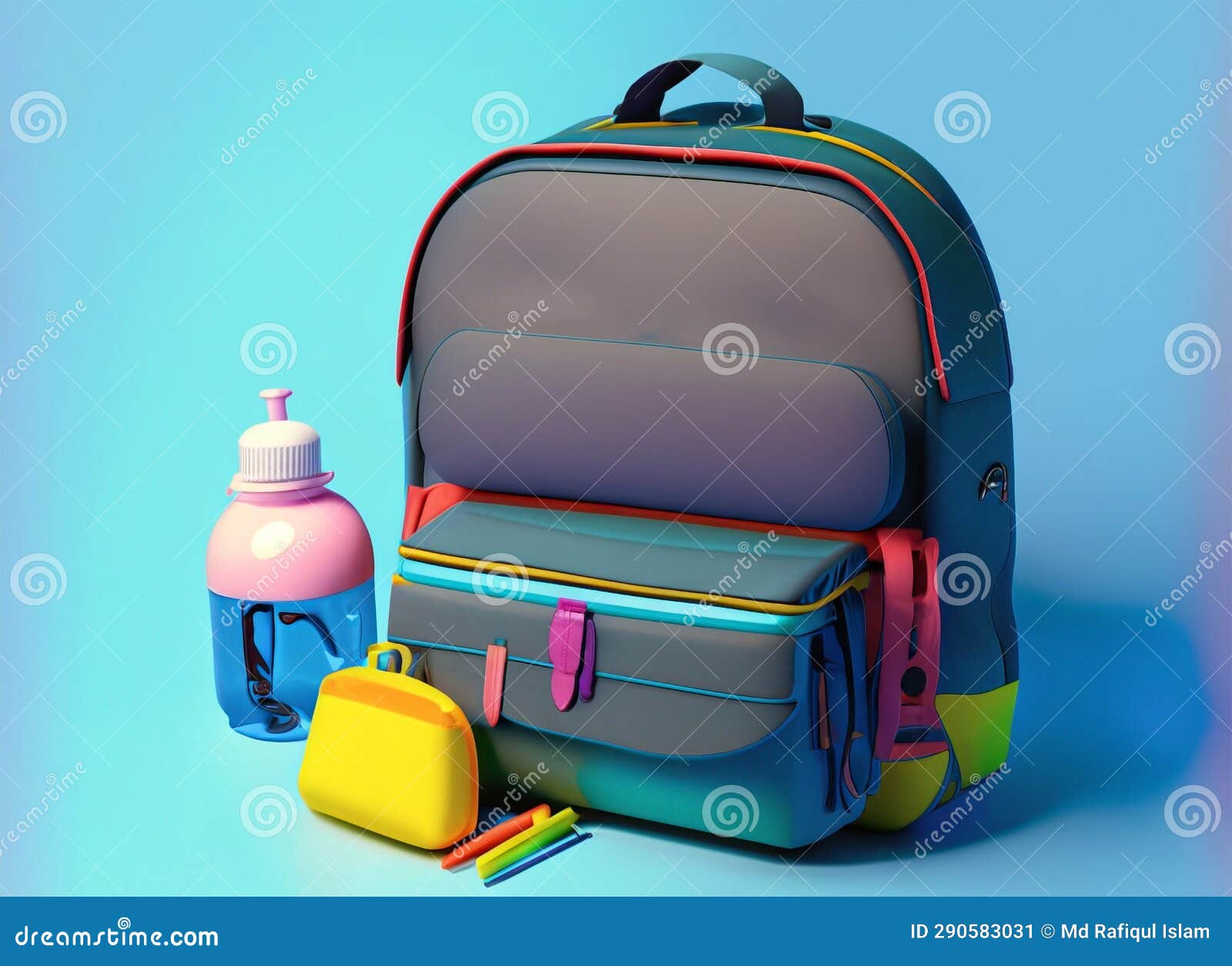 Backpack and School Supplies on a Blue Background. 3d Rendering Stock