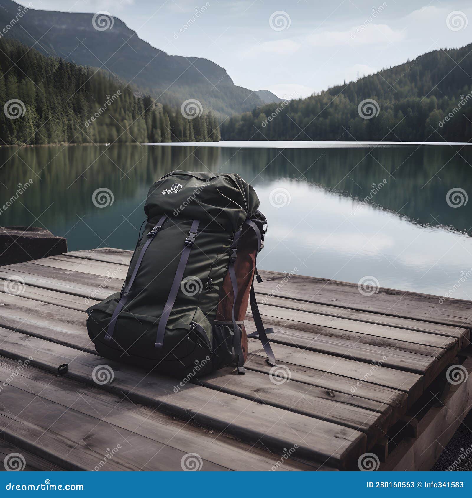 Backpack and a Sleeping Bag Sit on a Wooden Dock with a S Generative AI