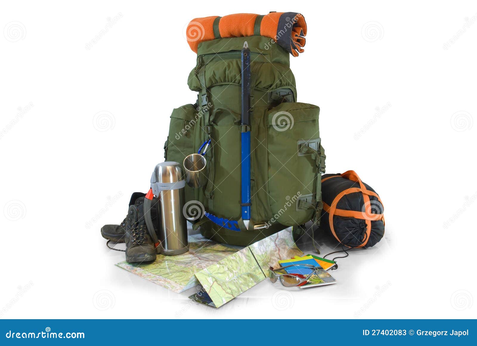 backpack with tourist equipment on white