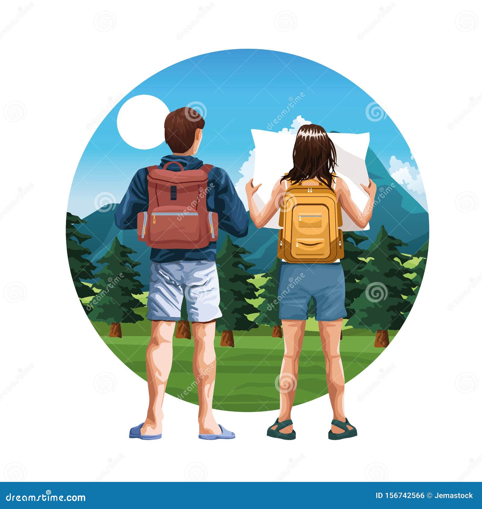 backpack travelers young tourists cartoon