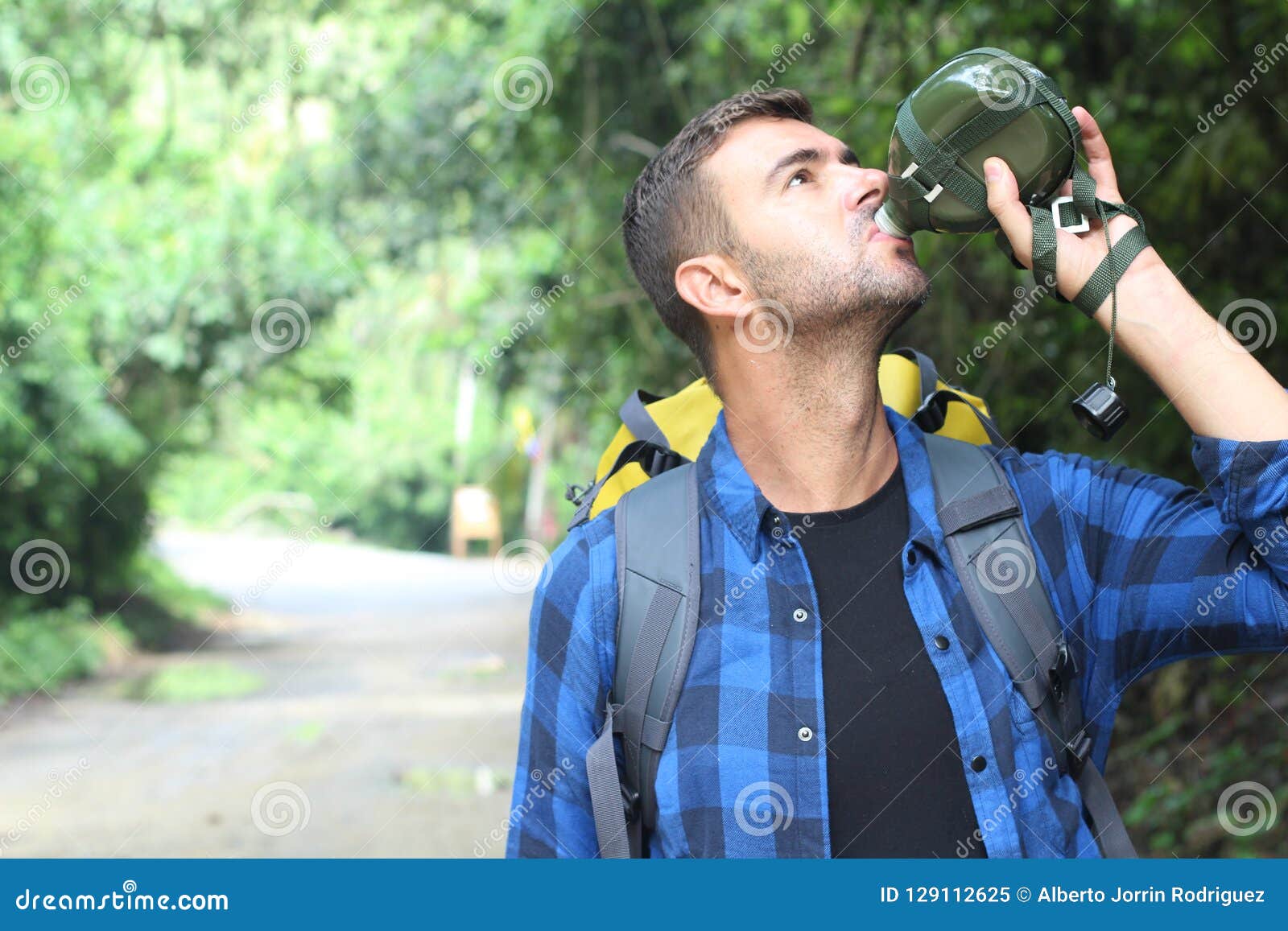 Backpacker Drinking Water from Metallic Canteen Stock Image Image of
