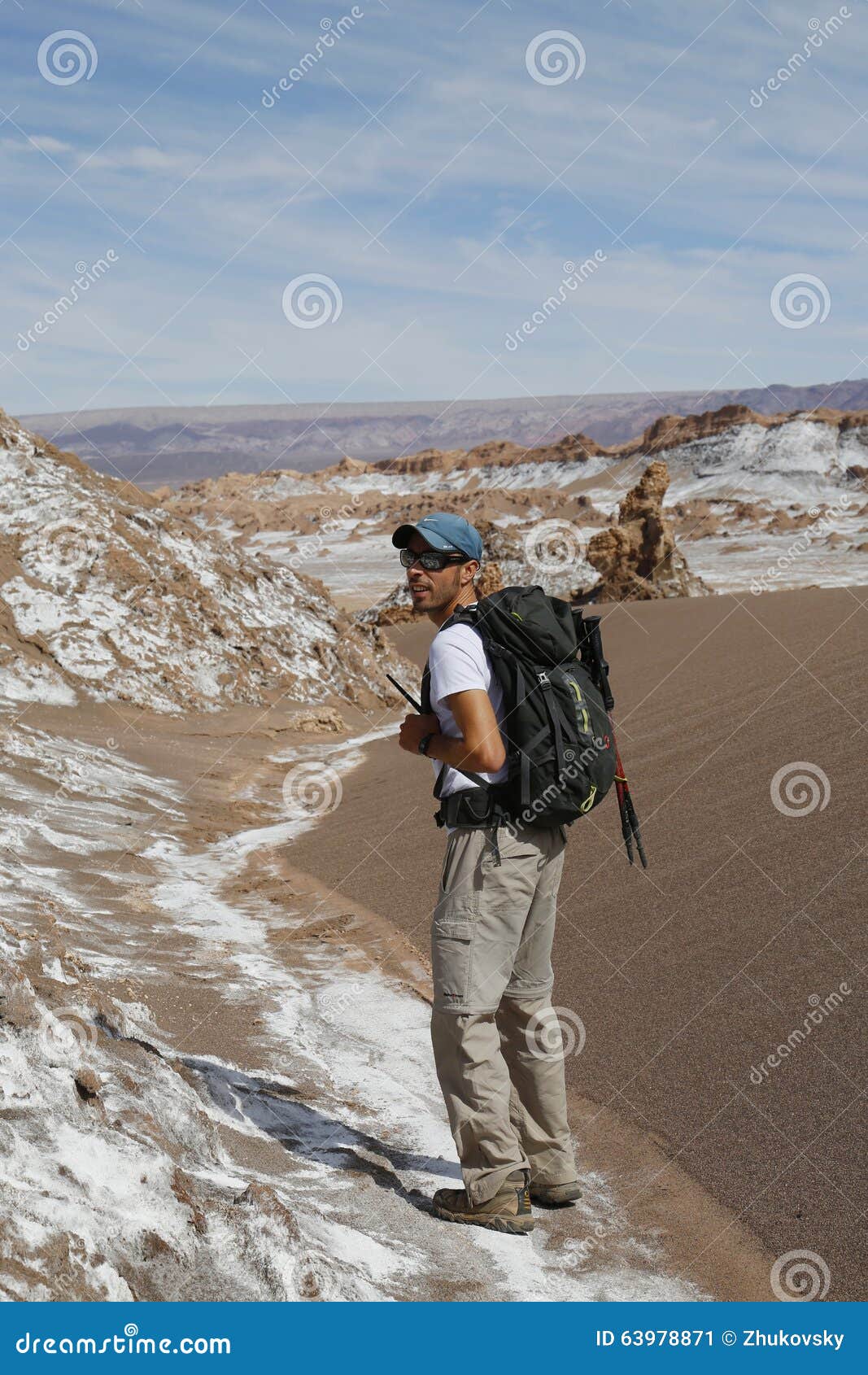 Backpacker Exploring the Moon Valley in Atacama Desert, Chile Editorial