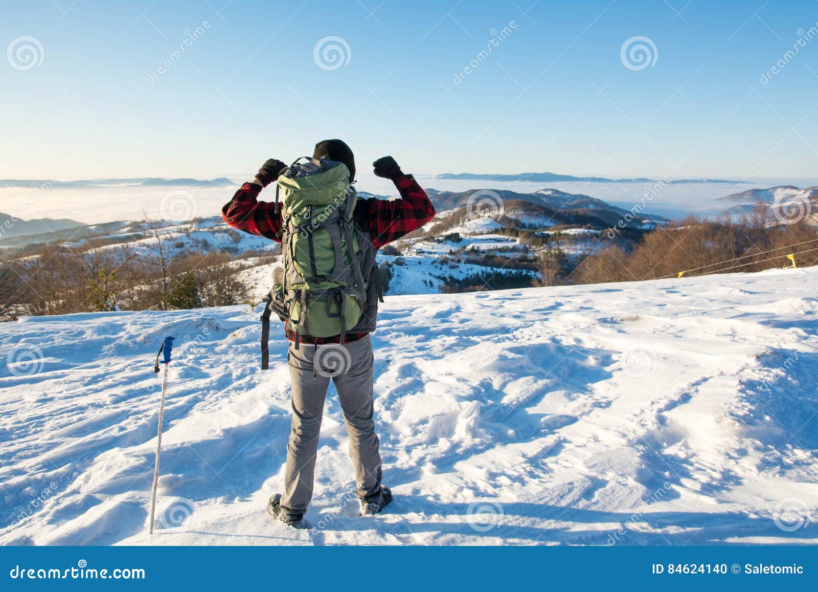 Backpacker Hiking on Snow Covered Mountain Stock Photo Image of