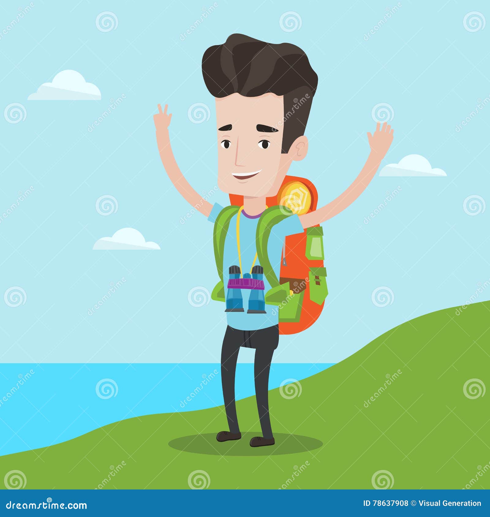 Backpacker with His Hands Up Enjoying the Scenery. Stock Vector ...