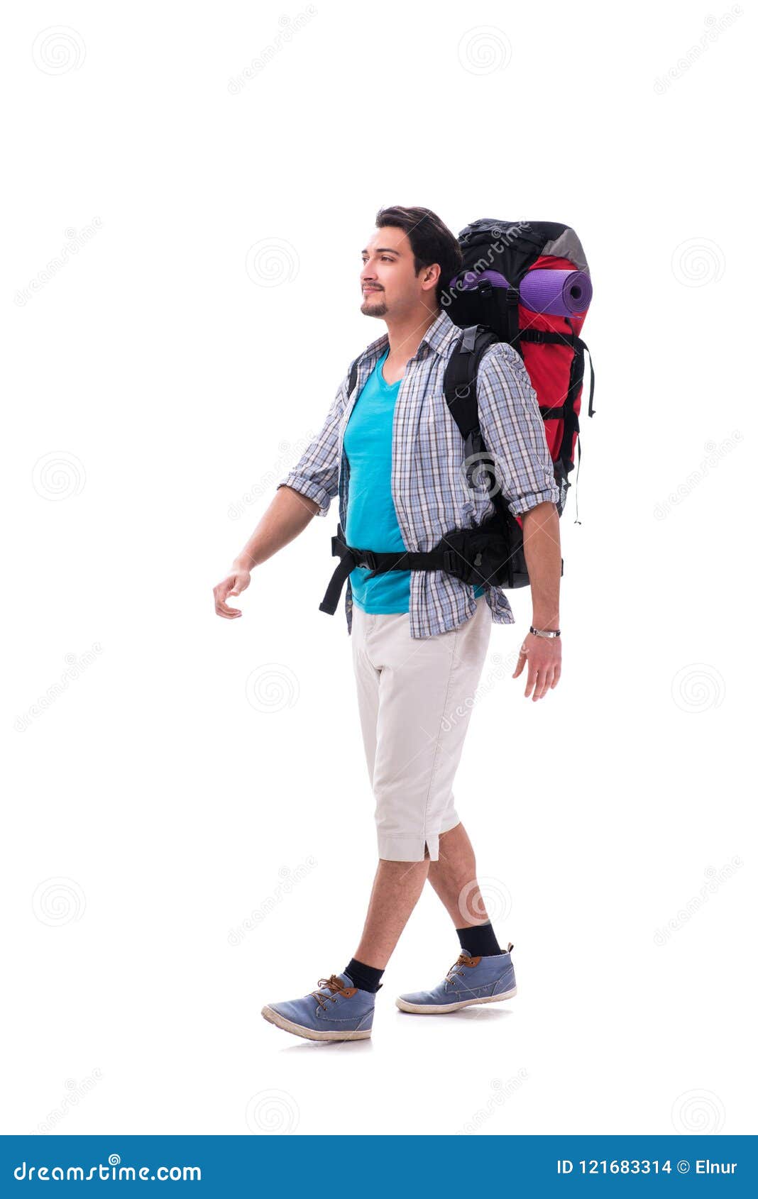 The Backpacker with Large Backpack Isolated on White Stock Photo
