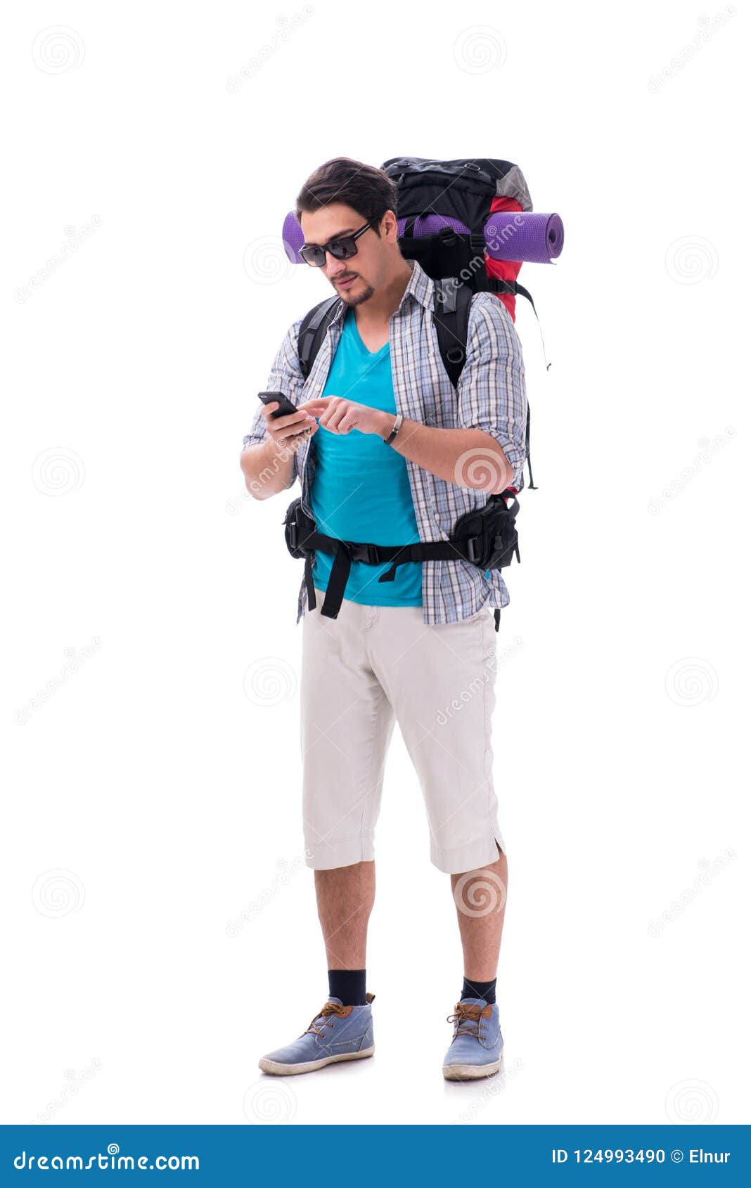 The Backpacker with Large Backpack Isolated on White Stock Photo