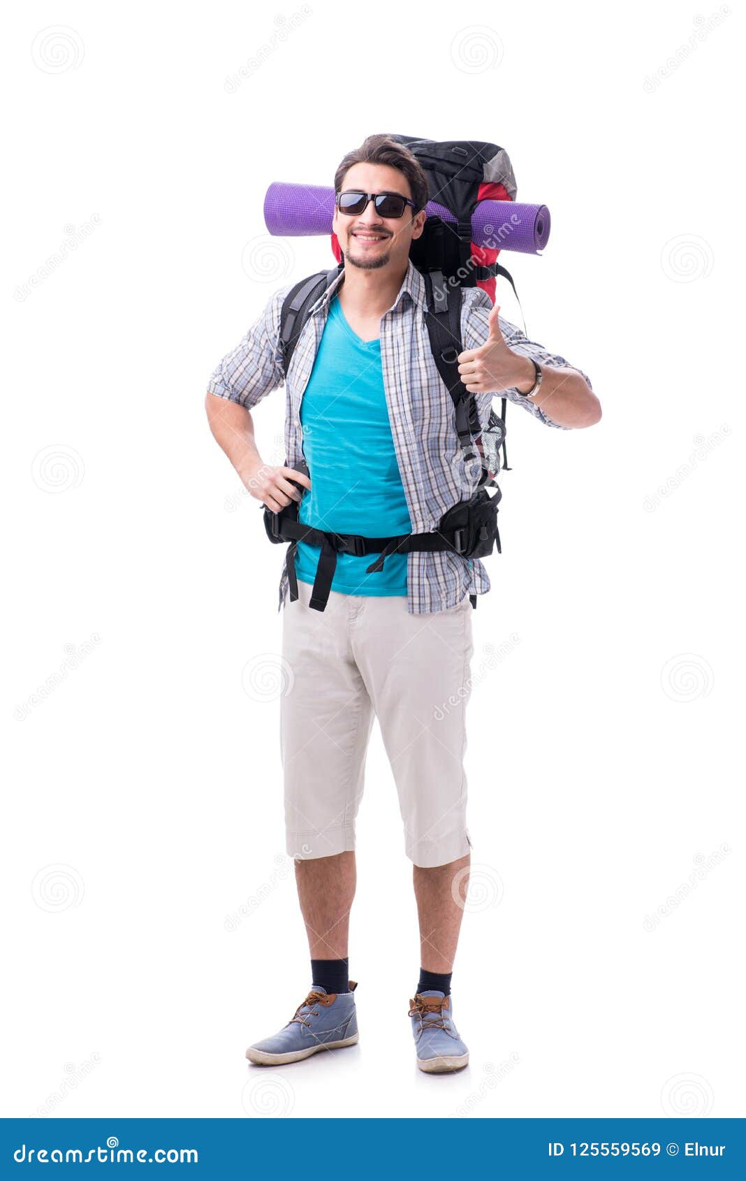 The Backpacker with Large Backpack Isolated on White Stock Image