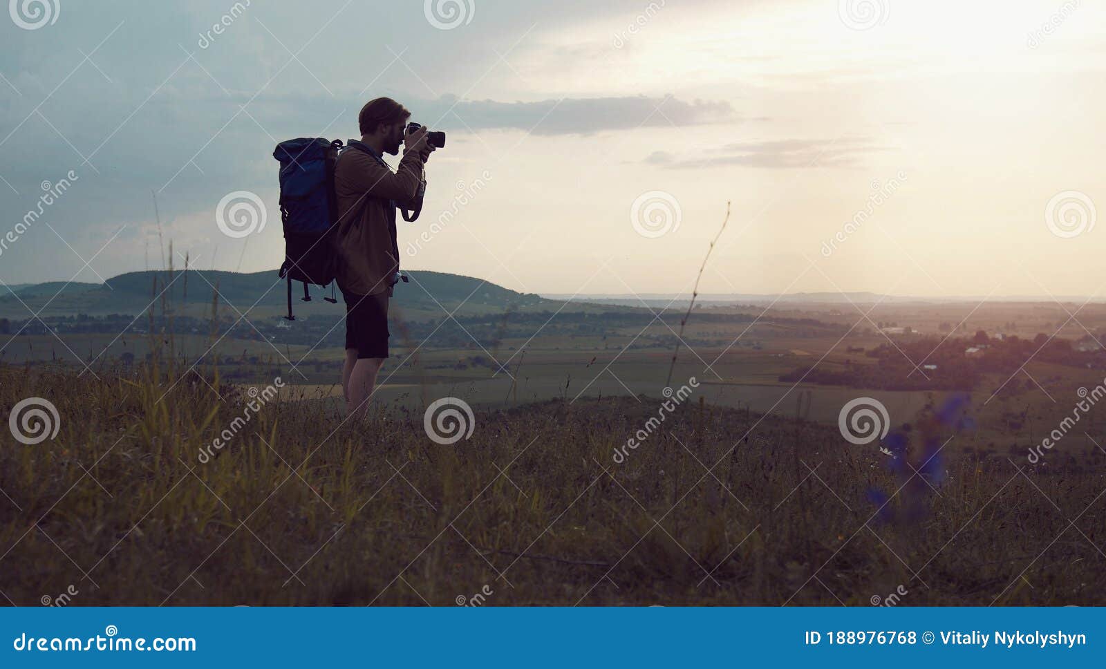 Backpacker Taking Landscape Photos Stock Photo Image of vacation