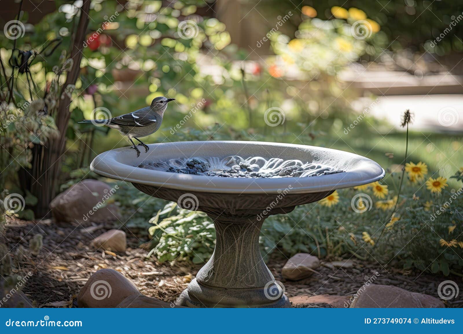 Backyard with Birdbath and Feeder, Attracting Feathered Visitors Stock