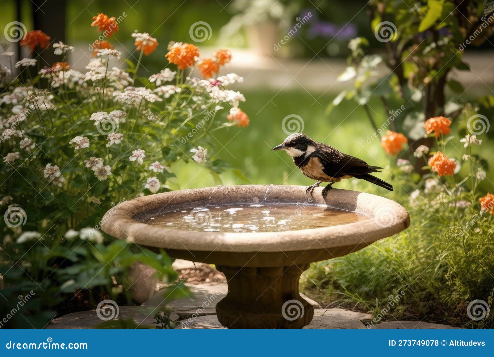 Backyard with Birdbath and Feeder, Attracting Feathered Visitors Stock