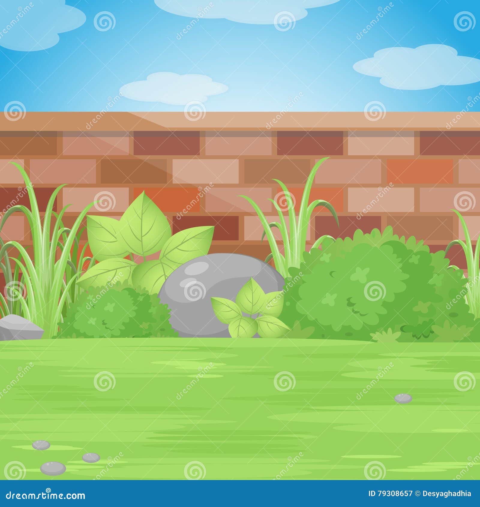 Backyard Garden with Bricks Wall.Vector Illustration. Stock Vector