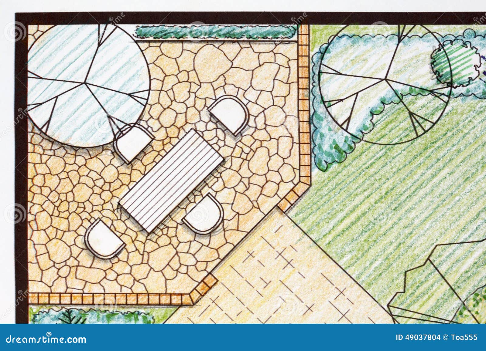 Backyard Garden Plan with Stone Patio Stock Photo Image of gardener