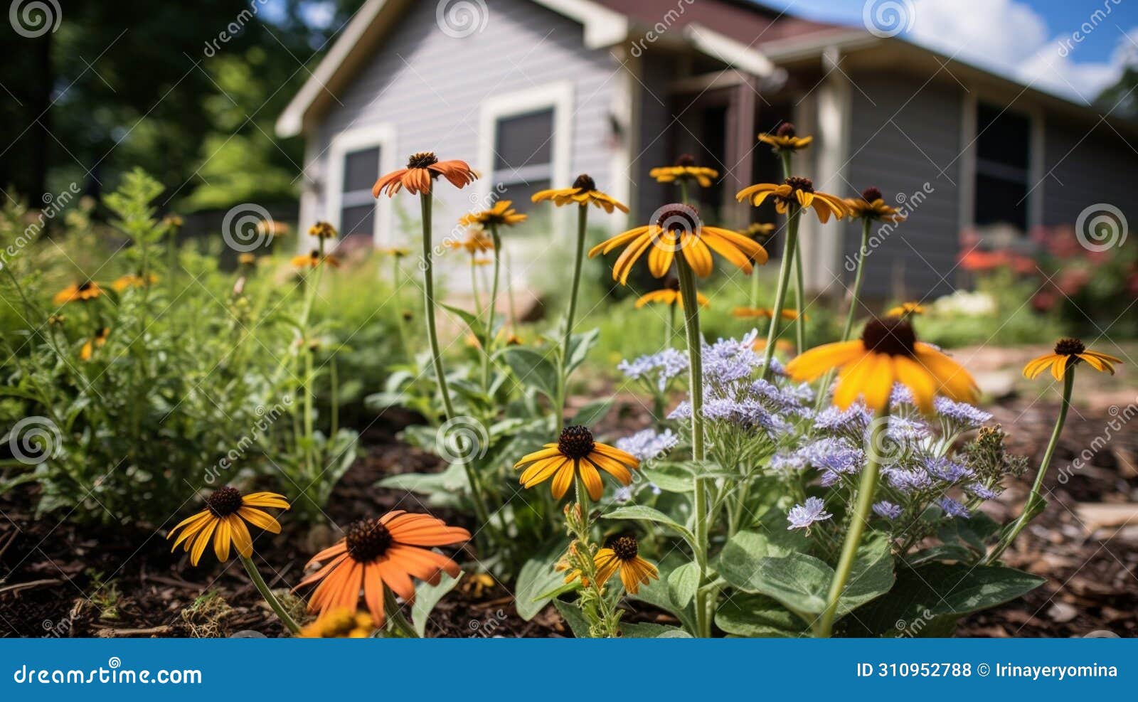 backyard garden with pollinator-friendly plantings. a residential backyard garden blooms with pollinator-friendly plants