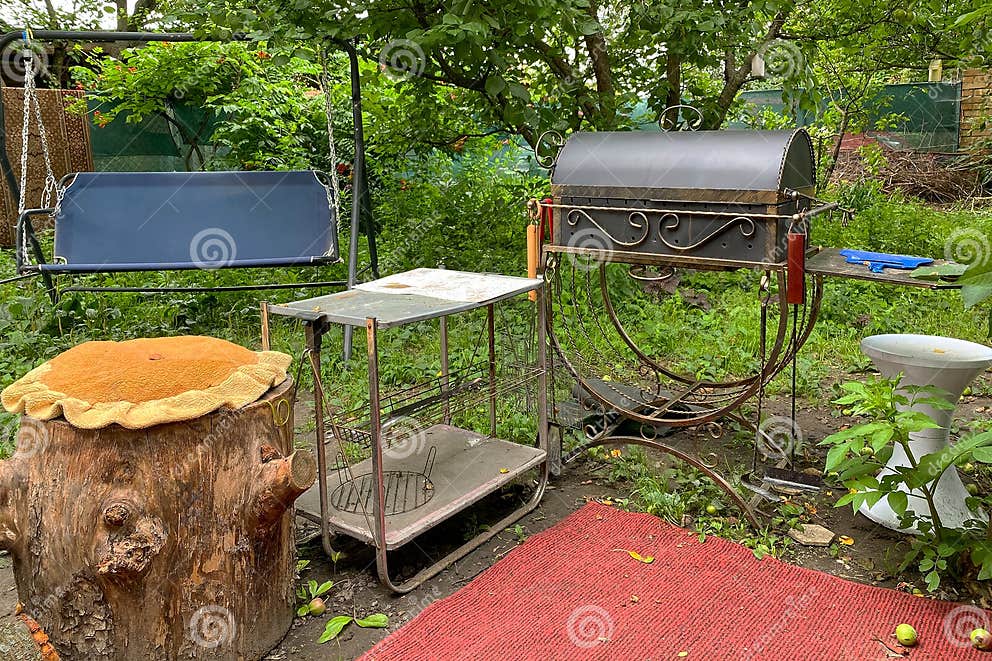 Backyard with Grill BBQ, Swing, Table and Tree Stump, Simple Resting