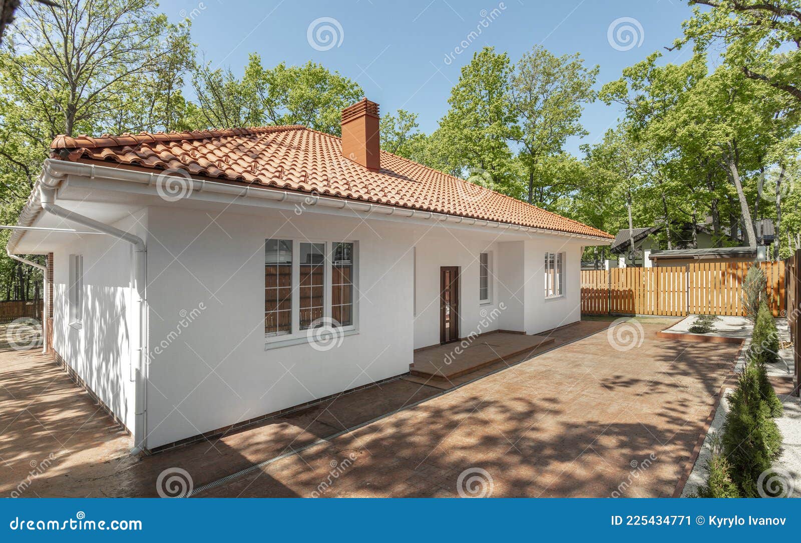 Backyard Of Modern White Country House With Brown Roof. Stock Image - Image  Of White, Architecture: 225434771