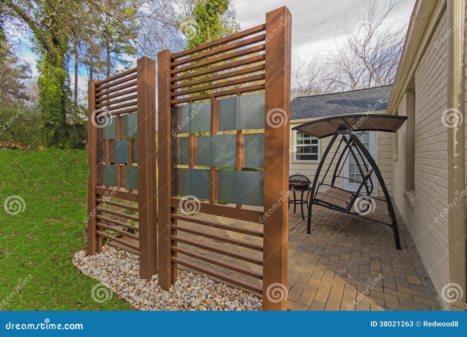 Backyard Patio With DIY Privacy Fence Stock Photos - Image 