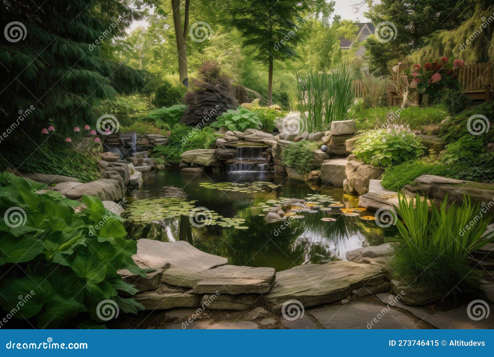 Backyard Pond with Cascading Waterfalls and Lush Greenery Stock de