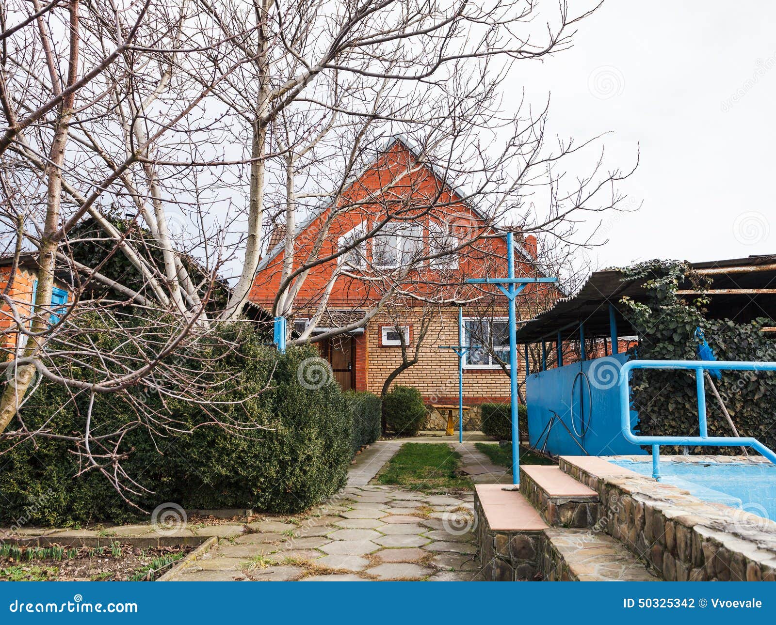 Backyard of Village House in Spring Stock Photo Image of lawn