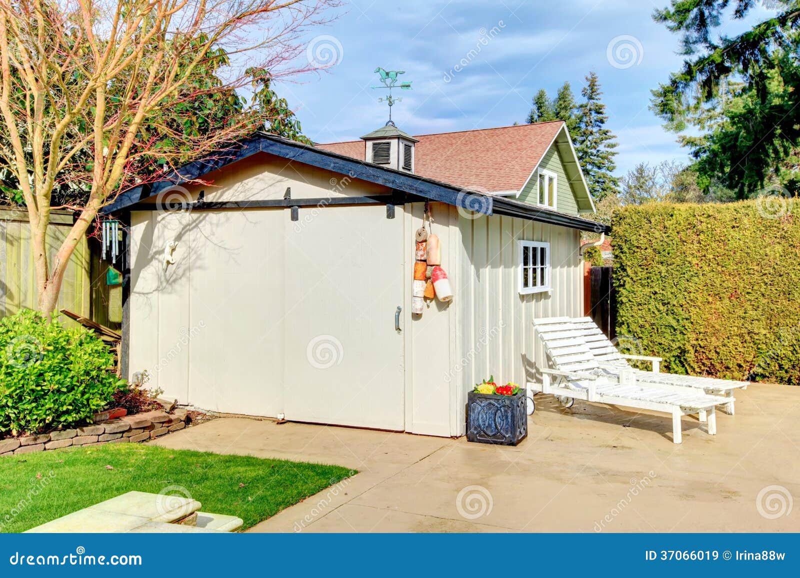 Backyard Wood Shed with Deck Chairs Stock Image Image of house, home