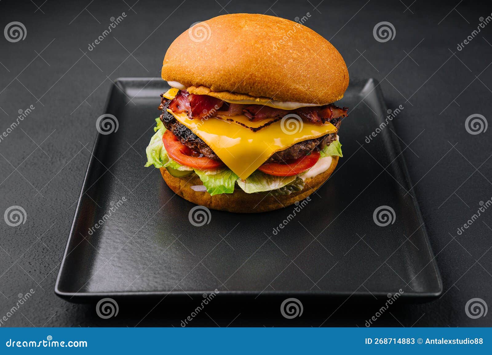 Bacon Burger with Beef Patty on Black Tray Stock Image Image of
