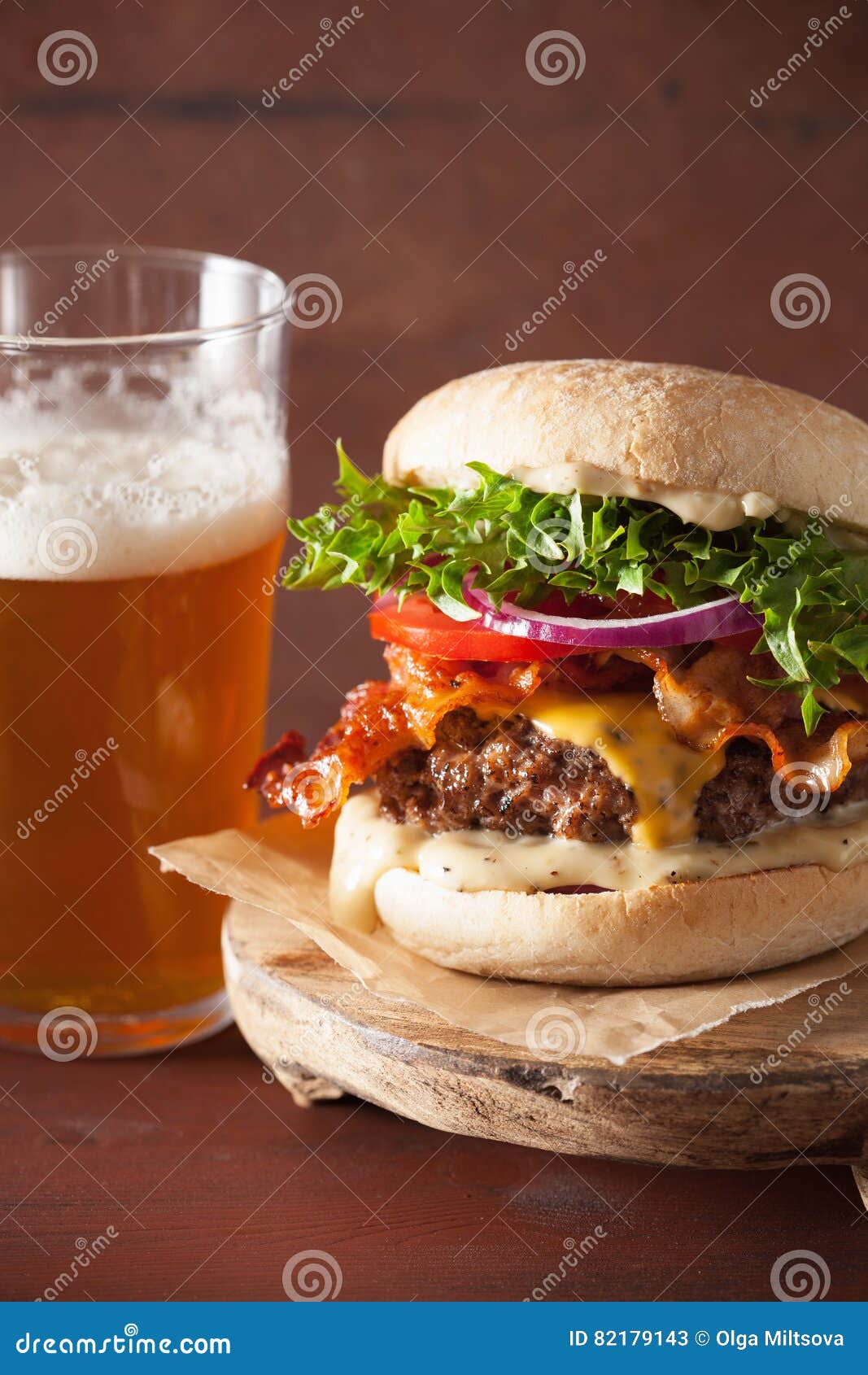Bacon Cheese Burger with Beef Patty Tomato Onion Beer Stock Image